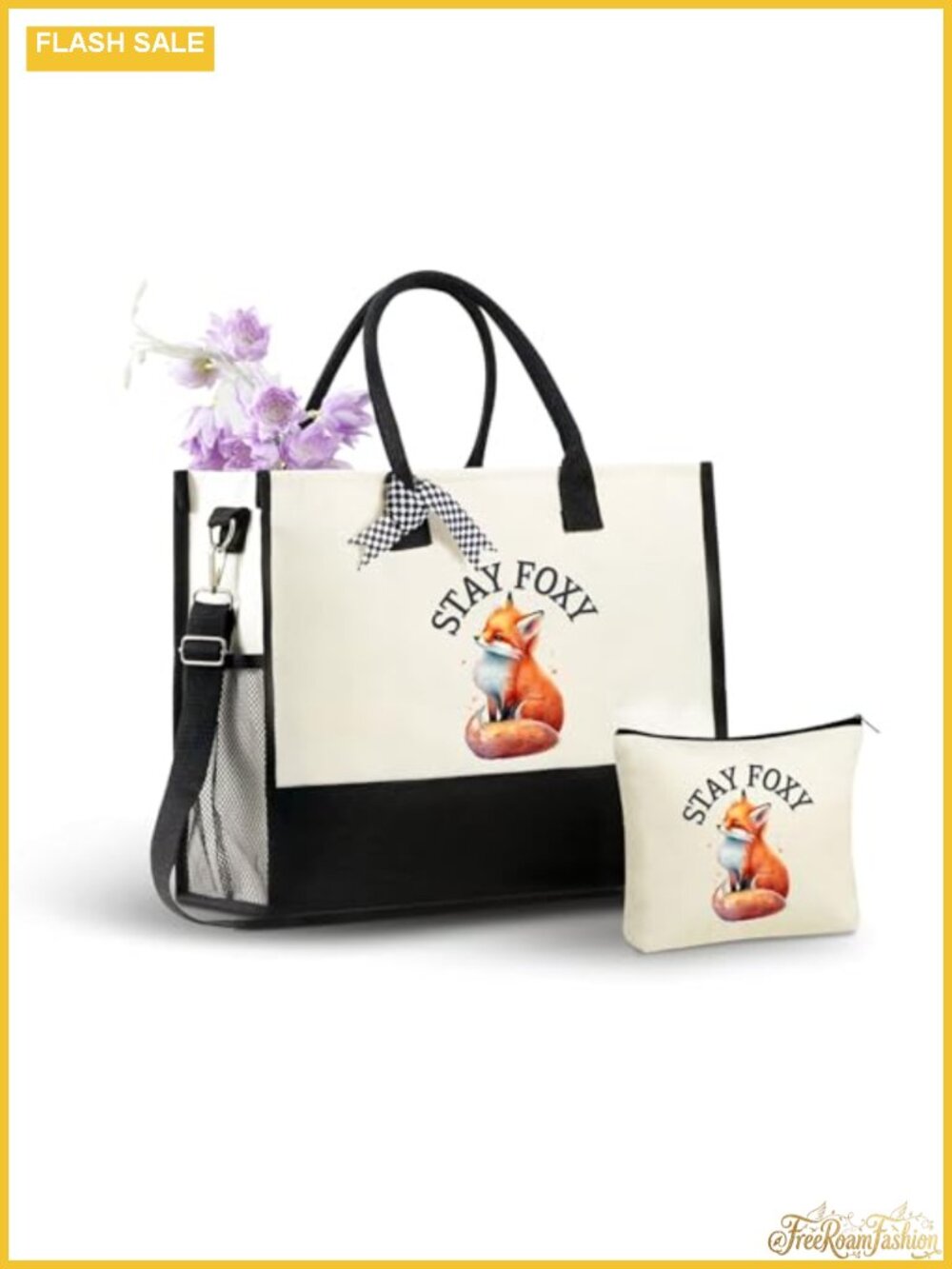 Cotton Canvas Tote Bag with Zipper Closure and Adjustable Strap for Women Girls